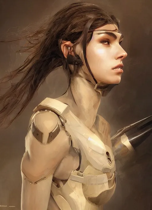 Image similar to a professional painting of a beautiful young female, clothed in military armor, olive skin, long dark hair, beautiful bone structure, symmetrical facial features, intricate, elegant, digital painting, concept art, smooth, sharp focus, illustration, from Metal Gear, by Ruan Jia and Mandy Jurgens and Artgerm and William-Adolphe Bouguerea