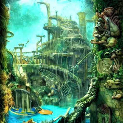 Prompt: lost waterpark of atlantis with ruins and waterslides painting by brain froud, charles vess, cinematic lighting, epic composition, highly detailed