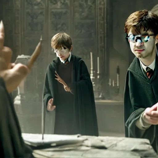 Image similar to daniel radcliffe as harry potter casting a spell at voldemort, realistic artstyle, wide shot, hd, cinematic, 8 k, 4 k