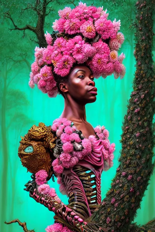 Image similar to hyperrealistic neo - rococo cinematic super expressive! yoruba goddess with exoskeleton armor, merging with tree in a forest, pink red flowers, highly detailed digital art masterpiece, smooth cam de leon eric zener dramatic pearlescent soft teal light, ground angle hd 8 k, sharp focus