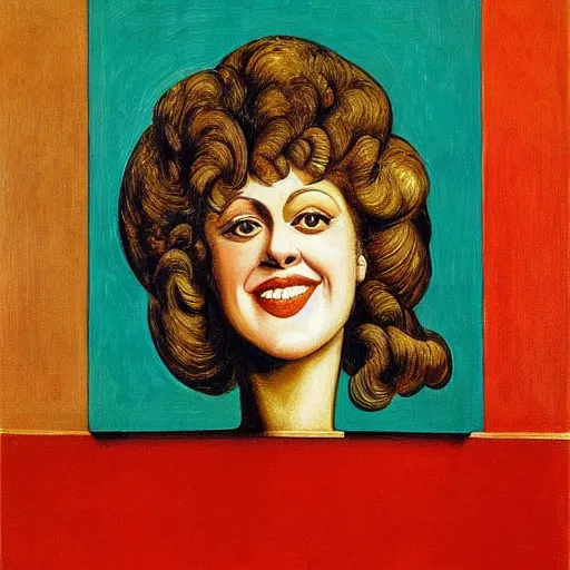 Prompt: very detailed and colorful portrait of bernadette peters smiling, painted by giorgio de chirico