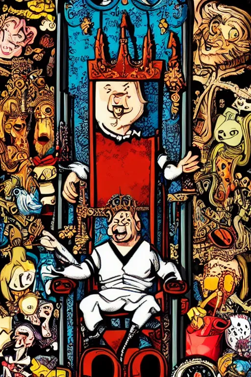 Prompt: a man sitting in a throne, surrounded by your alternative personalities in lowbrow art style