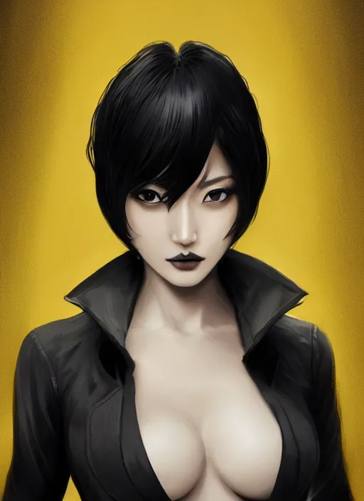 Image similar to a highly detailed illustration of meisa kuroki as short black haired young woman wearing black suit with coattails, yellow eyes, dramatic elegant pose, intricate, elegant, highly detailed, centered, digital painting, artstation, concept art, smooth, sharp focus, league of legends concept art, wlop.