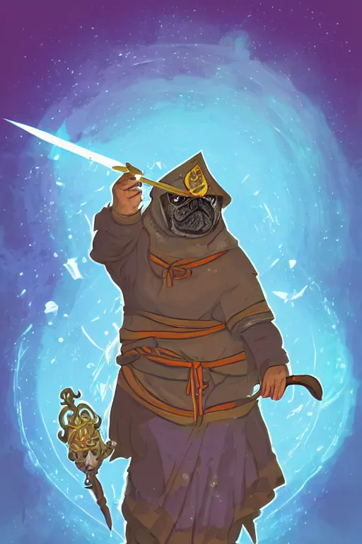 Image similar to Pug that is a wizard casting a spell , wizard, medieval, sticker, colorful, casting epic spell, magic the gathering artwork, D&D, fantasy, artstation, heroic pose, illustration, highly detailed, simple, smooth and clean vector curves, no jagged lines, vector art, smooth