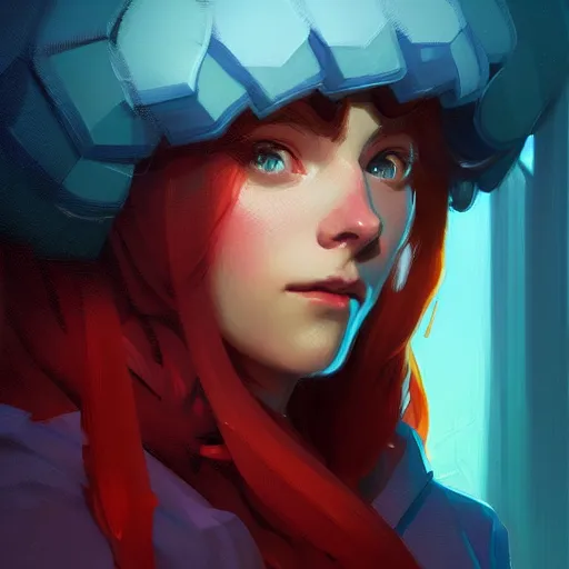 Prompt: portrait of madeline from celeste, blue bubble jacket red long hair, highly detailed, digital painting, artstation, concept art, sharp focus, illustration, art by greg rutkowski and alphonse mucha