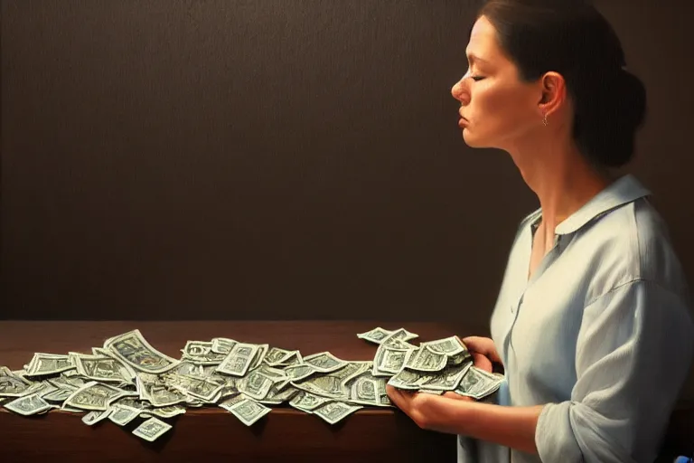 Prompt: a beautiful 8 k photorealistic masterpiece oil painting, a confused woman choosing between a big pile of cash or a tricycle, hyperrealism, 1 6 k, trending on artstation