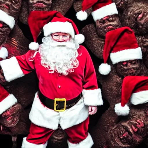 Prompt: UHD candid photo of Santa in front of a pile of dead dwarves, with accurate face, UHD, photorealistic, correct face, photo by Annie Leibovitz