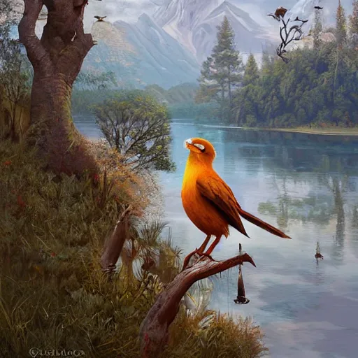 Image similar to humanoid bird, sitting at a pond, mountainous area, trees in the background, oil painting, by Fernanda Suarez and Greg Rutkowski