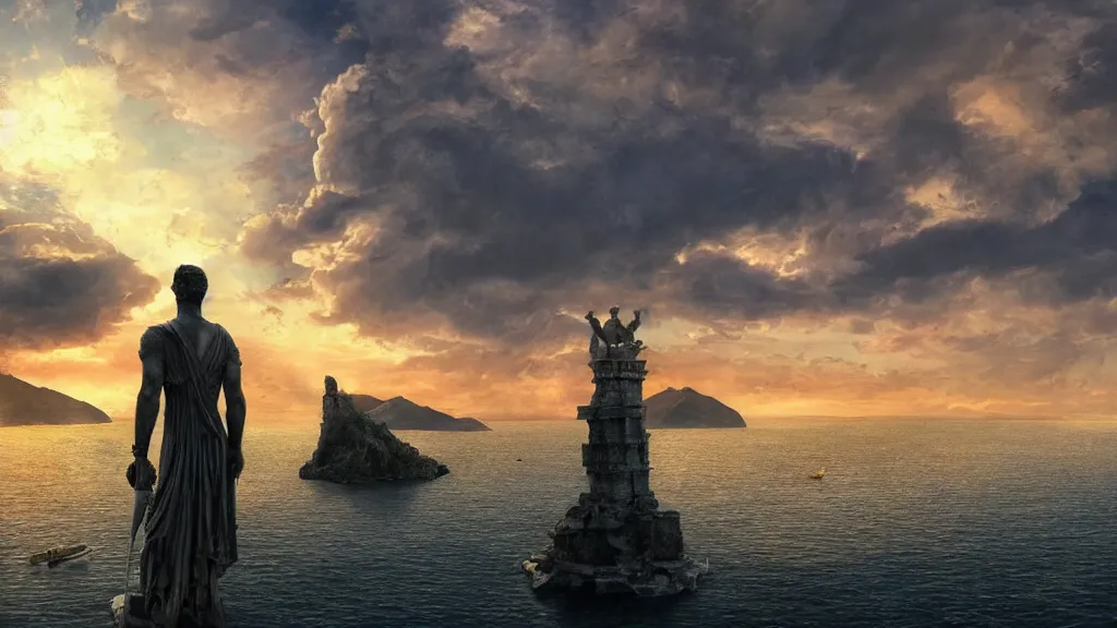 Prompt: the colossus of rhodes giant statue standing on two islands overlooking harbor, game of thrones, volumetric lighting, fantasy artwork, very beautiful scenery, very realistic painting effect, hd, hdr, cinematic 4 k wallpaper, 8 k, ultra detailed, high resolution, artstation