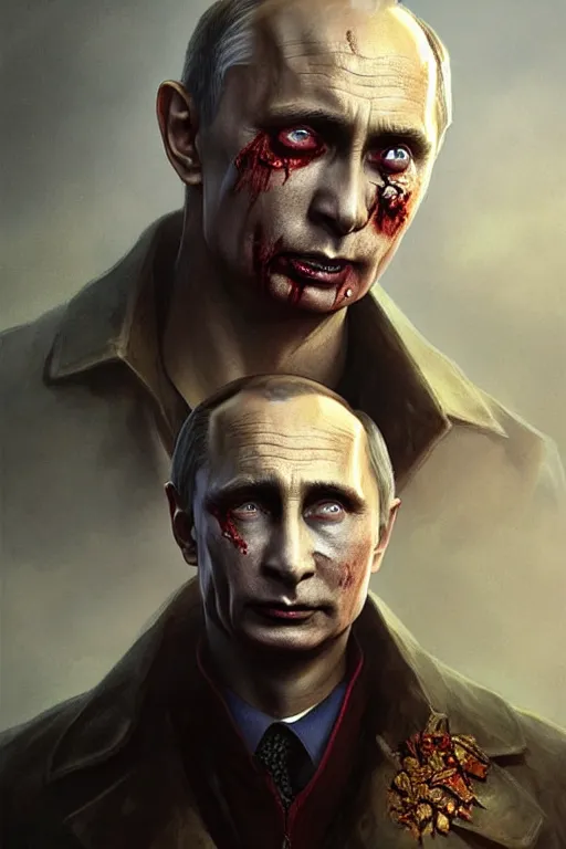 Prompt: Zombie Vladimir Putin, fantasy, portrait, highly detailed, digital painting, artstation, concept art, smooth, sharp focus, illustration, cinematic lighting, art by artgerm and greg rutkowski and alphonse mucha