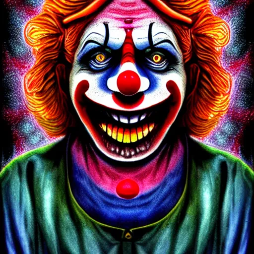 Prompt: A scary clown by Alex Grey HDR