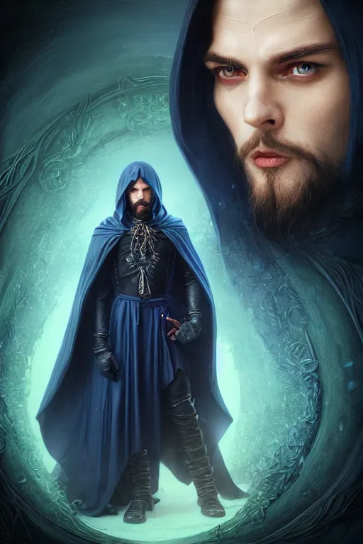 Prompt: ultrarealistic male mage face portrait fighting, long black hair blue eyes wearing leather mantle gothic navy cloak with leather details, green plants, fantasy character portrait, octane render, extreme intricate details, elegant, cinematic lighting, substance painter, artstation, dnd art, cgsociety, sharp focus, beautiful digital painting by artgerm, gerald brom, wlop, alphonse mucha