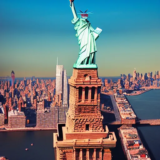 Image similar to The Statue of Liberty holding the BJP flag with the New York skyline in the background, aerial photo, HDR