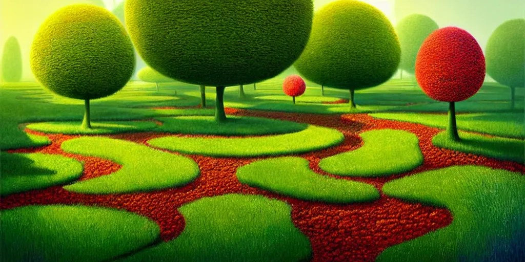 Image similar to Beautiful artwork garden of the future, hedges, Topiary plants, Nice colour scheme, warm colour. Beautiful artistic digital artwork by artist Lurid. (2022), Gediminas Pranckevicius