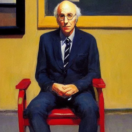 Prompt: larry david sitting on a bagel chair, edward hopper painting