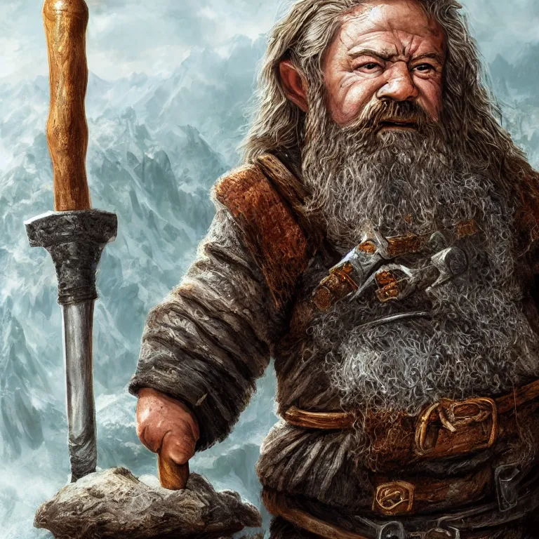 Image similar to dwarf with hammer in mountains, lord of the rings style, fantasy, poster, character portrait, portrait, close up, concept art, intricate details, highly detailed, full body, 8 k, detailed face, body