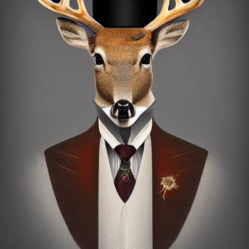 Image similar to a upper body portrait of a deer lord with monocle and top hat, intricate detail, digital art, trending on artstation