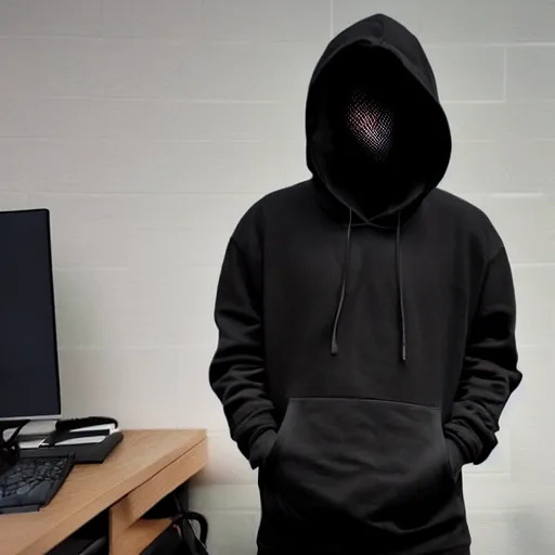 Prompt: an edgy hacker with a black hoodie and black hair covering one eye sitting in front of a computer | text at the bottom saying i'm in