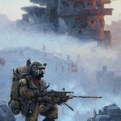 Prompt: furry anthropomorphic wolf swat operator muzzle under helmet renowned character illustration by greg rutkowski thomas kinkade masterpiece abandoned building in background