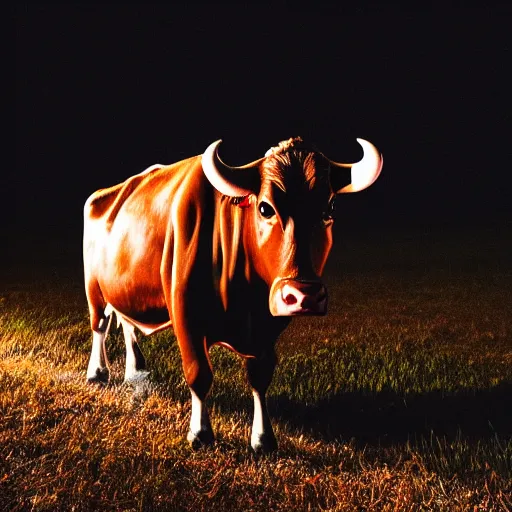 Image similar to closeup, a cow flying at night, flashlight, creepy, cinematic dramatic atmosphere, smooth, sharp focus, cinematic shot, movie scene, horror movie