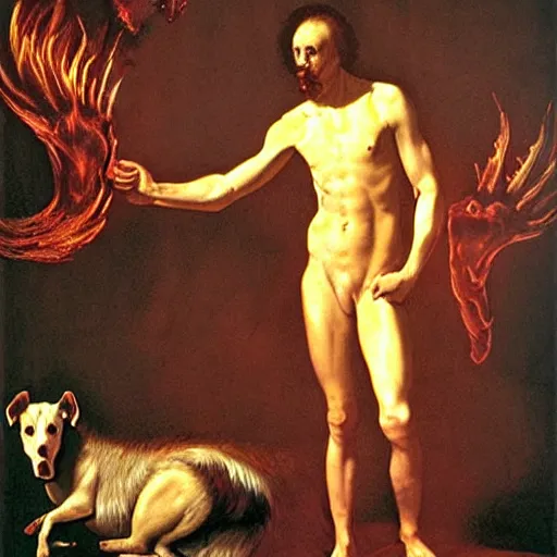 Image similar to Flaming hellhound standing at the gates of hell. Painted by Caravaggio. High quality.