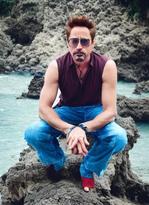 Image similar to a full portrait photo of robert downey jr holiday in bali, f / 2 2, 3 5 mm, 2 7 0 0 k, lighting, perfect faces, award winning photography.