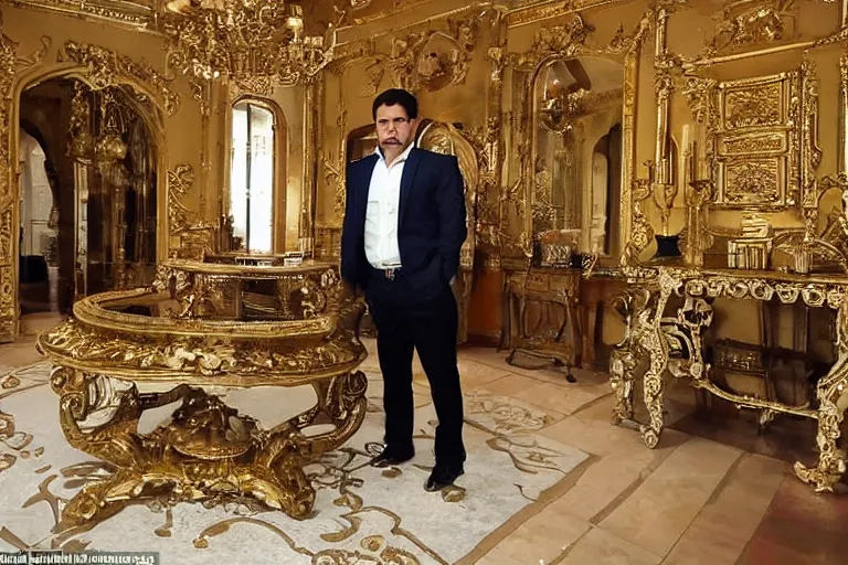 Image similar to el chapo standing in the middle of a grandiose mexican mansion. everything is made out of gold. el chapo is sipping on wine. the mansion is incredible and ornate. chapo has a clockwork chain. there are princesses and queens everywhere around him