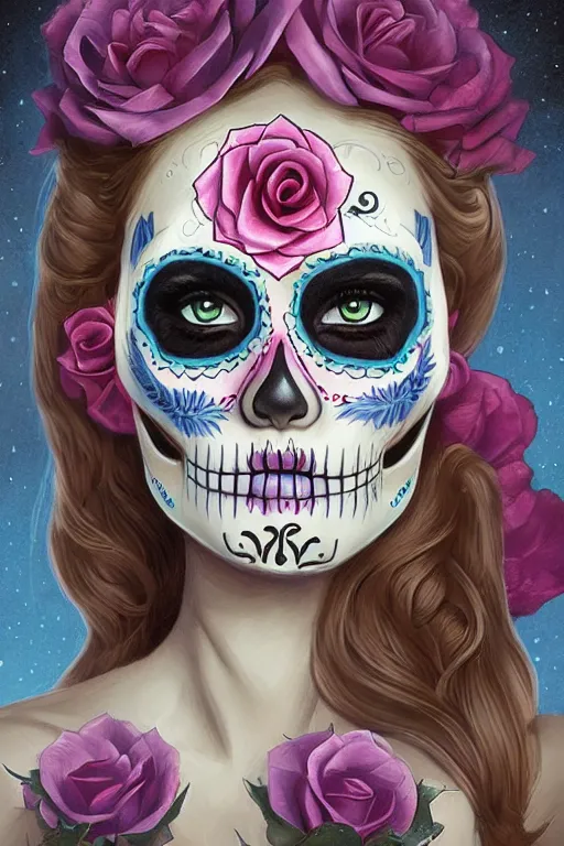 Prompt: illustration of a sugar skull day of the dead girl, art by jordan grimmer