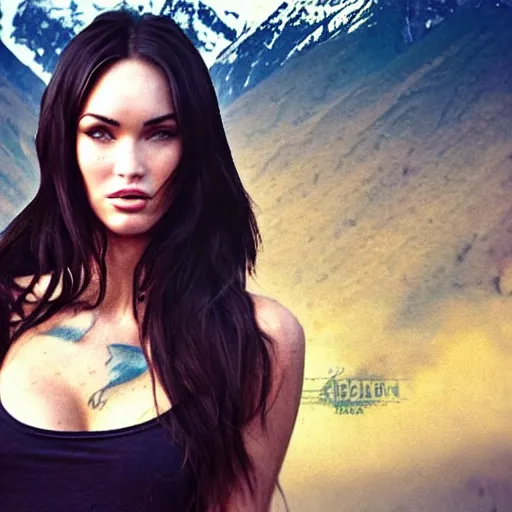Prompt: realism tattoo sketch of double exposure megan fox against a background of beautiful mountain scenery, in the style of andrey lukovnikov
