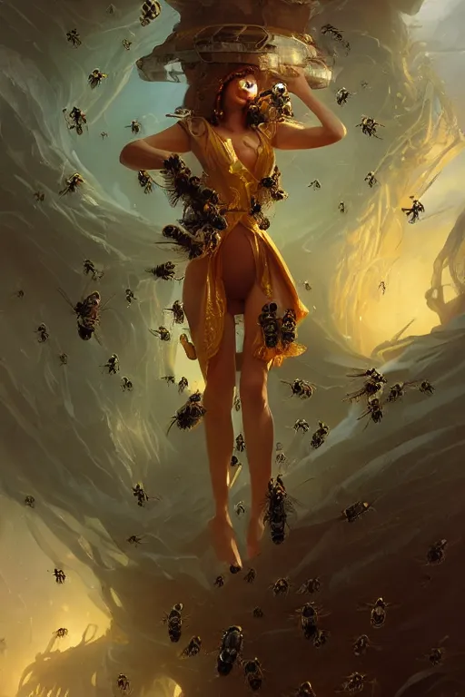 Image similar to fantasy beekeeper, stunning woman, wearing nanotech honeycomb robe, silky, surrounded by bees, futuristic, sci-fi, cinematic, wlop, greg rutkowski, peter mohrbacher