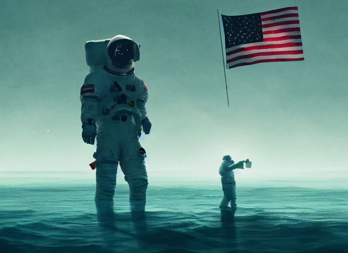 Image similar to astronaut holding a flag in an underwater desert. a submarine is visible in the distance. dark, concept art, cinematic, dramatic, atmospheric, 8 k, trending on artstation, blue, fish, low visibility, fog, ocean floor, christopher nolan, interstellar