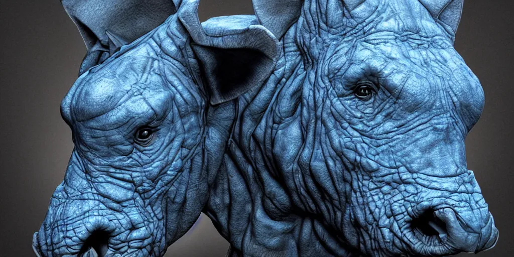 Image similar to hyperrealistic bust portrait of an anthropomorphic blue Rhinoceros wearing plate paladin armor, forward angle, stunning 3d render inspired art by P. Craig Russell and Barry Windsor-Smith + perfect facial symmetry + dim volumetric lighting, 8k octane beautifully detailed render, post-processing, extremely hyperdetailed, intricate complexity, epic composition, grim yet sparkling atmosphere, cinematic lighting + masterpiece, trending on artstation