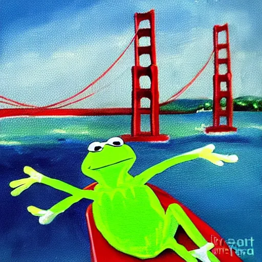 Prompt: “Painting of Kermit the Frog doing a cannonball off of the Golden Gate Bridge, by Bob Ross”