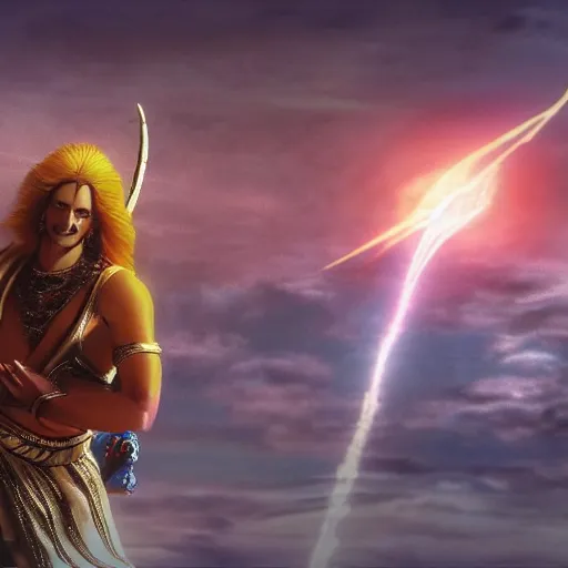 Prompt: scene from mahabharata with, cinematic, atmospheric, volumetric light, high octane render, backlight, 1 6 k, high definition render, unreal 5 engine, hyperrealism, in the style of ridley scott, hayao miyazaki, frank bairstow, james cameron, artgerm, marvel comics, steven spielberg, craig mullins