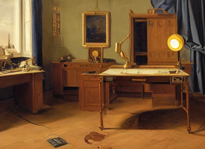 Prompt: still life painting of a retro electronics supercomputer built - in desk workstation battlestation by pieter claesz, oil on canvas, strong lighting, highly detailed, hyper realism, golden hour, god rays, hd, 4 k