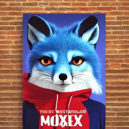 Image similar to modern ultra realistic comedy movie poster, featuring in anthropomorphic blue fox in a hoodie, promotional movie poster print