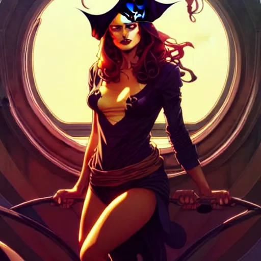 Image similar to artgerm, joshua middleton comic cover art, pretty pirate phoebe tonkin smiling, symmetrical eyes, symmetrical face, long curly black hair, on a pirate ship background, warm colors