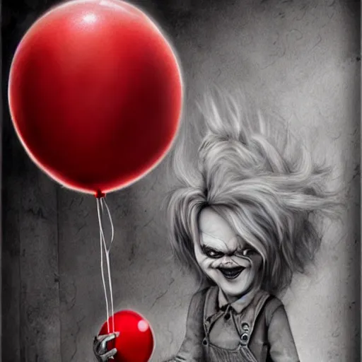 Prompt: surrealism grunge cartoon portrait sketch of the silent patient with a wide smile and a red balloon by - michael karcz, loony toons style, pennywise style, chucky style, horror theme, detailed, elegant, intricate