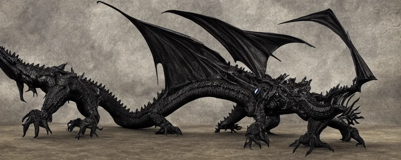 Image similar to full body, side perspective, large black scaled dragon, 3D, 8k resolution, by H R Giger