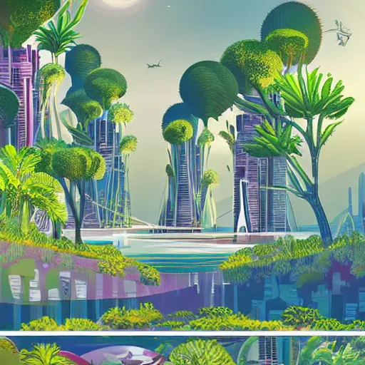 Image similar to beautiful happy picturesque charming futuristic sci - fi city in harmony with nature. water and plants. beautiful light. grainy and rough. soft colour scheme. beautiful artistic vector graphic design by lurid. ( 2 0 2 2 )