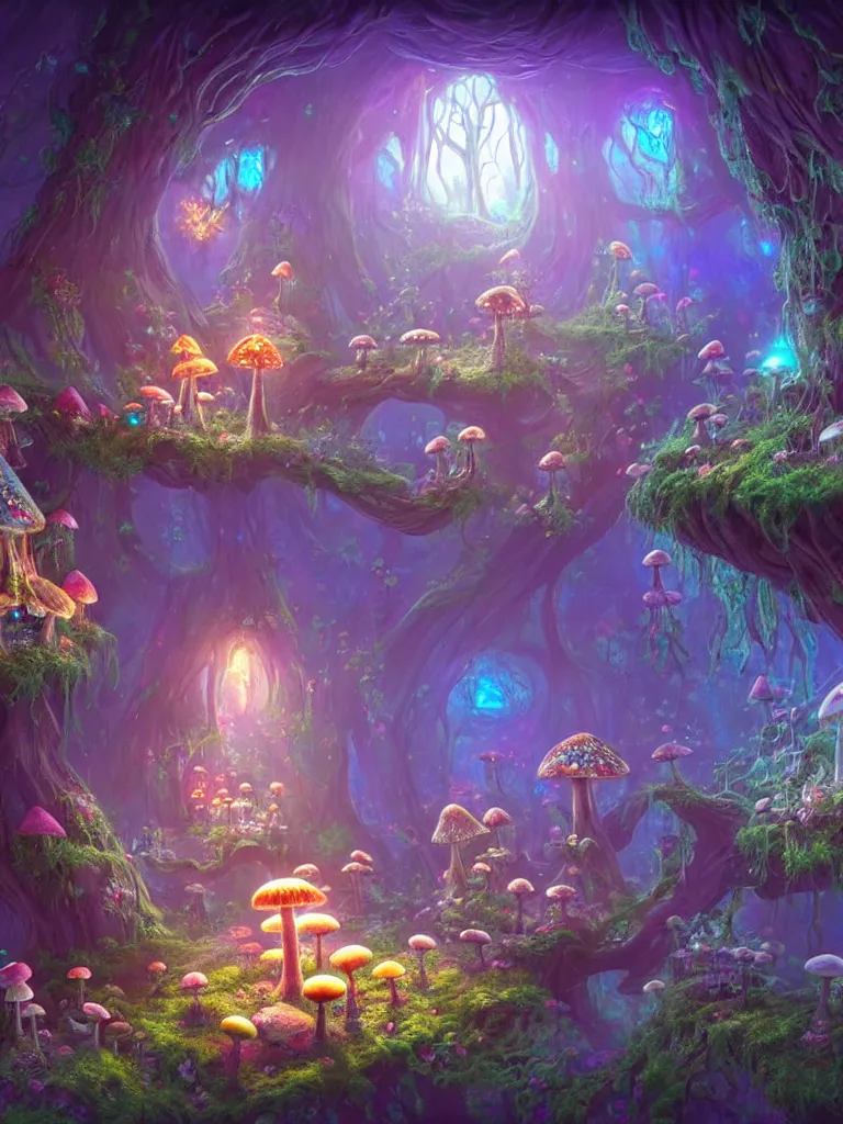 Image similar to the interior of a celestial dainty fairy cottage in a bioluminescent tree trunk decorated beautifully, lots of cute fairy design elements like toadstool mushrooms and cyberpunk robots, warm sunlight shining in, lots of plants and flowers, concept art 8 k resolution, fantasy illustration, sharp focus, detailed painting, deep color, volumetric lighting, crepuscular rays