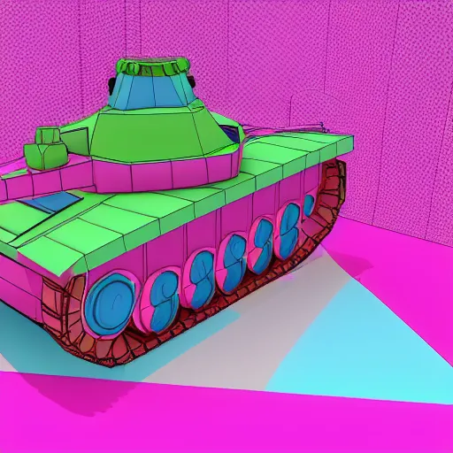 Prompt: a cartoonish 3 d tank. small amount of pink and cyan are present.