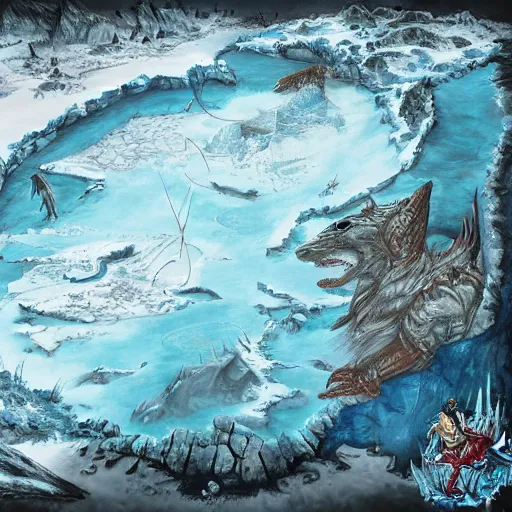 Image similar to a d & d map of a frozen lake with monsters beneath the ice, high quality digital art, gridless, vivid, blue tones, oil painting, trending on arstation, oil painting