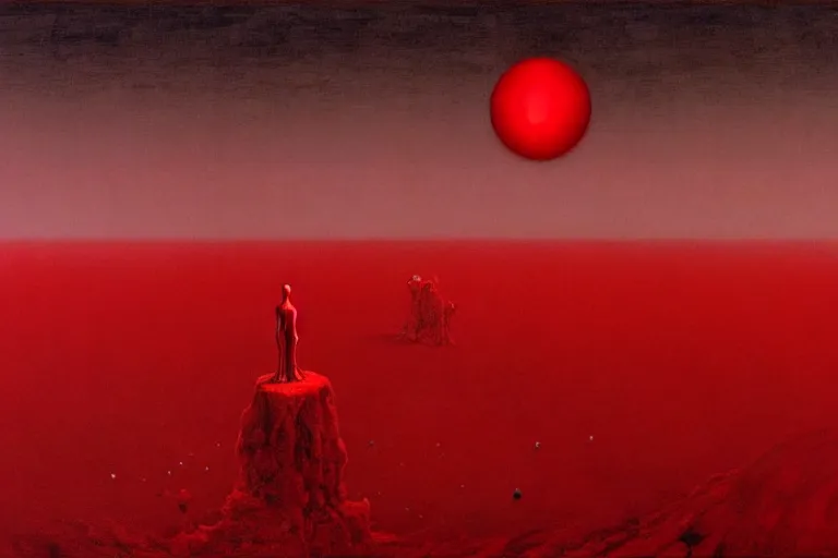 Image similar to only with red, red god of death eat apple, a futuristic city on mars in the background, red worms on the floor, in the style of beksinski, part by hopper, part by rodcenko, part by hofbauer, intricate composition, red by caravaggio, insanely quality, highly detailed, masterpiece, red light, artstation, 8 k