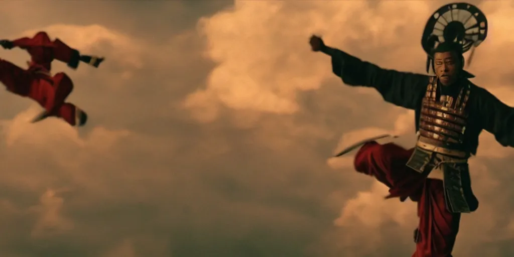 Prompt: a film still of a light skinned black man starring as an ancient samurai flying doing a flying kick, japanese blockbuster film, the sky is red, shallow depth of field, cinematic, award winning cgi, vfx, film still