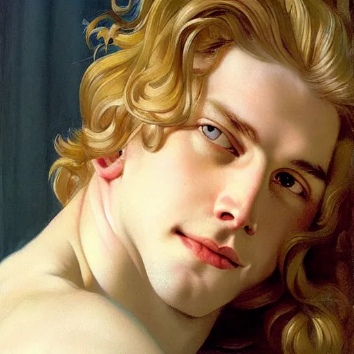 Image similar to beautiful portrait painting of the androgynous pale blond prince Lucius with long curly blond hair, delicate young man wearing a soft white poet shirt smiling sleepily at the viewer, curtain bangs Center parted fringe over his eyebrows, in love by J.C Leyendecker and Norman Rockwell