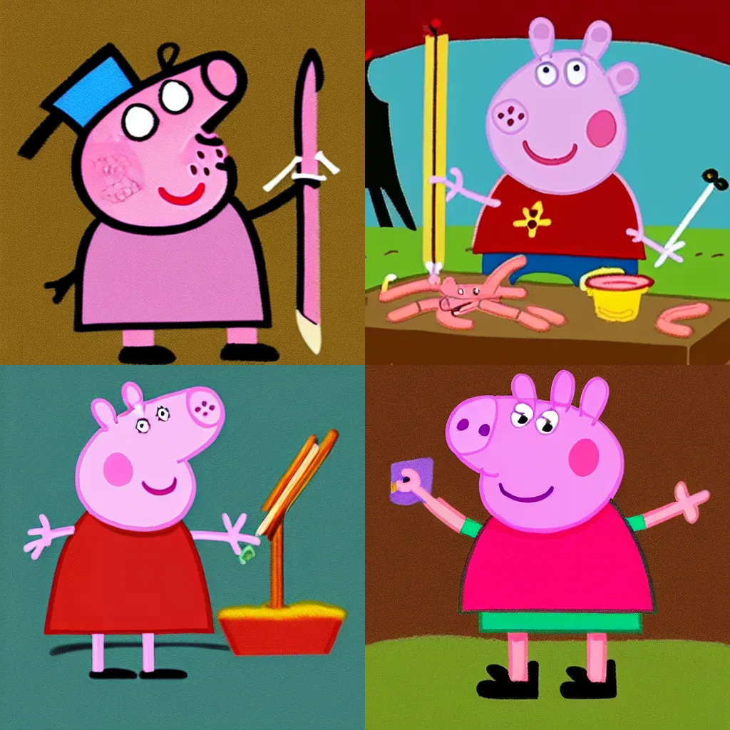 Prompt: peppa pig wielding a ritual blade studying entrails, peppa pig style