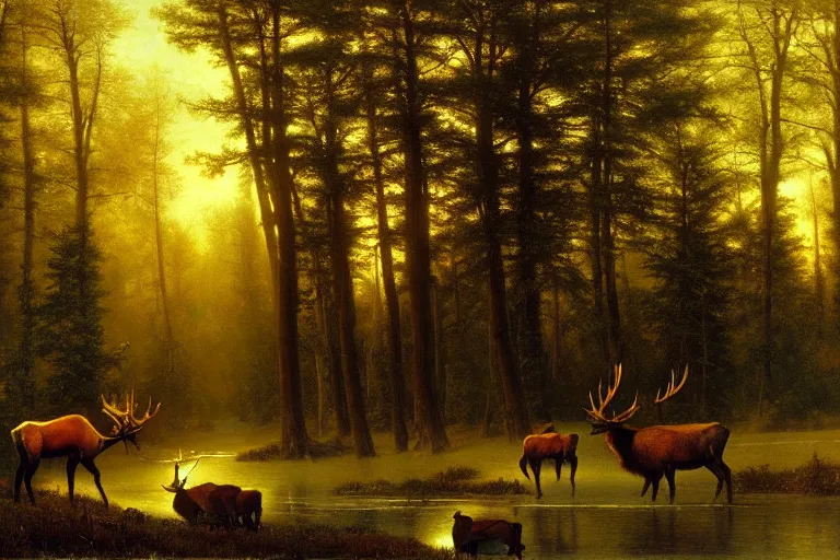 Prompt: winter forest meadow, wild elk, creek, radiant light, warm, oil on canvas, artstation, albert bierstadt