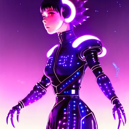 Image similar to a beautiful! bjork model, wearing futuristic cyber leather dress with incredibly intricate glowing purple led lights, jrpg aztec street fashion, gapmoe yandere grimdark, trending on pixiv fanbox, painted by greg rutkowski makoto shinkai takashi takeuchi studio ghibli, akihiko yoshida