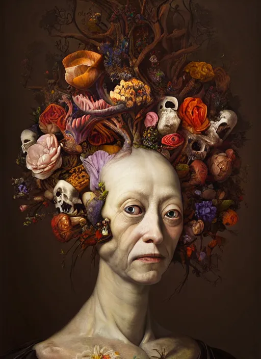 Image similar to strange, looming head, biomorphic painting of a woman with large eyes, wearing a crown of flowers and bones, deep rich colours by, rachel ruysch, and charlie immer, highly detailed, emotionally evoking, head in focus, volumetric lighting, oil painting, timeless disturbing masterpiece